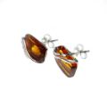 Ewa Baltic honey amber stud earrings in 925 sterling silver, rectangle genuine amber post back earrings shown at side angle, handmade in Poland