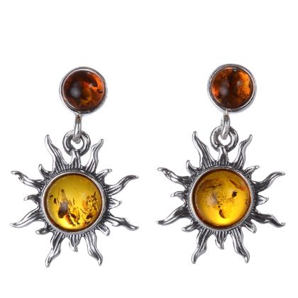 Pair of genuine Baltic honey amber “Sun” earrings in 925 sterling silver, two-tone amber stud dangle design with sunburst setting and post back closures on white background.