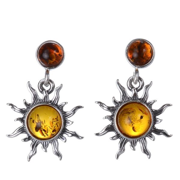 Pair of genuine Baltic honey amber “Sun” earrings in 925 sterling silver, two-tone amber stud dangle design with sunburst setting and post back closures on white background.