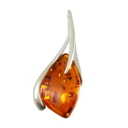 "Genuine Baltic honey amber pendant necklace in 925 sterling silver Madison leaf wrap design with natural amber cabochon on white background"