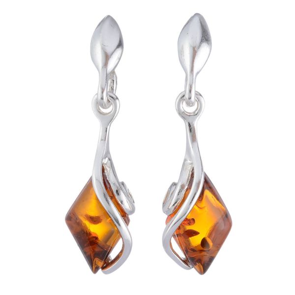 Elena genuine Baltic honey amber earrings in 925 sterling silver with post back closure, lightweight dangle design showing natural amber inclusions on white background