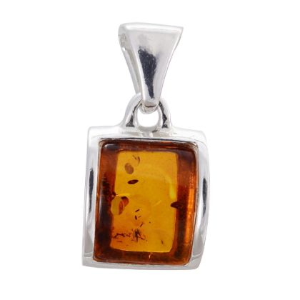 "Sterling silver Baltic honey amber rectangle pendant necklace Lottie with genuine natural amber gemstone and wide bail on white background"