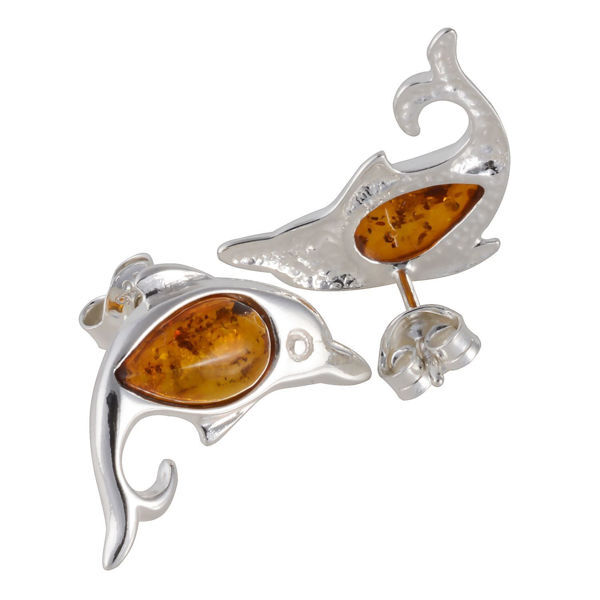 Sterling Silver and Baltic Honey Amber Earrings "Dolphins"