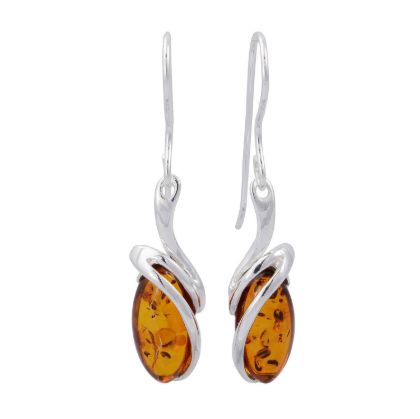 Genuine Baltic honey amber drop earrings “Gemma” in 925 sterling silver with oval amber stones and fish hook dangle design on white background