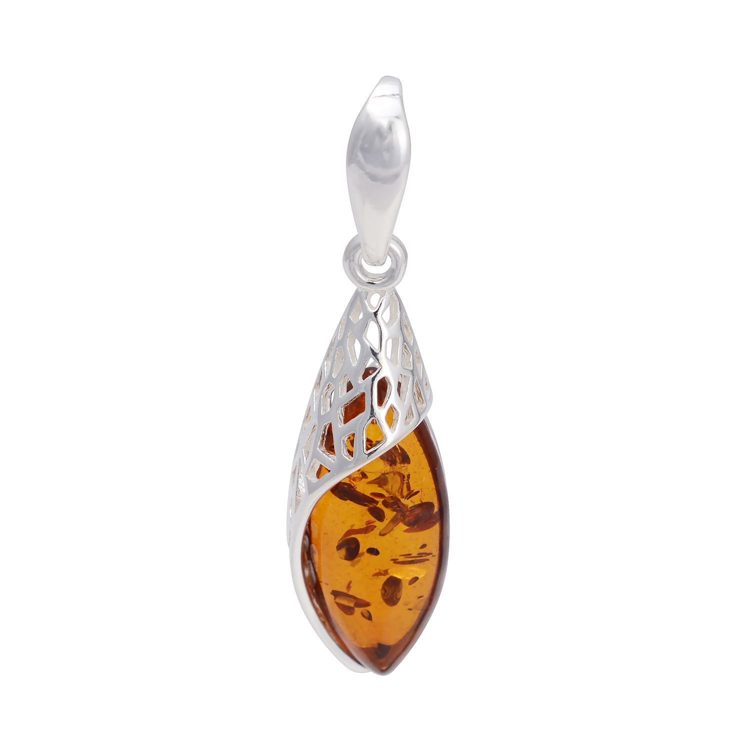 Sterling Silver Large Amber Pendant with Floral Pattern — Designs By S&R