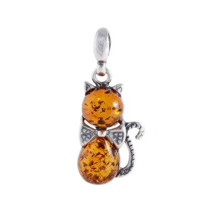 Sterling silver Baltic honey amber cat pendant necklace with bow detail, genuine Baltic amber lucky kitty charm on white background