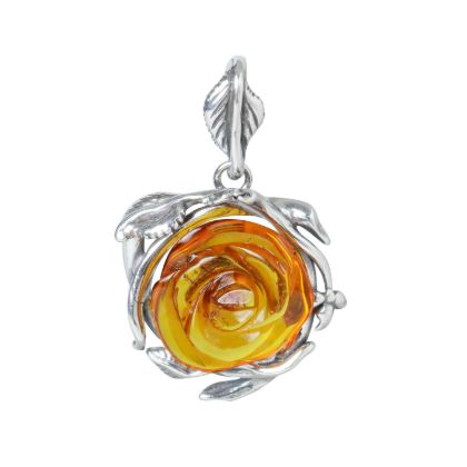 "GIA certified Baltic amber rose pendant necklace in 925 sterling silver with honey amber flower and leaf bail, floral gemstone jewelry"