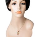 Woman wearing sterling silver multicolor Baltic amber pendant “April” necklace with genuine honey, golden yellow and forest green amber stones on 18 inch chain