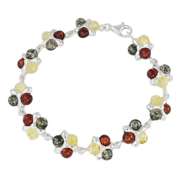 Sterling Silver Multi-Colored Baltic Amber Bracelet "Lily", Amber Jewelry Collection