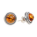 GIA Certified Sterling Silver and Round Baltic Honey Amber Stud Earrings
