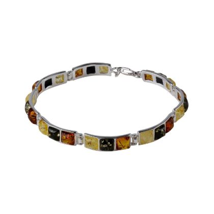 Genuine Baltic multicolor amber square link bracelet in 925 sterling silver with honey, green, and golden amber gemstones, Mila handmade amber bracelet with lobster clasp