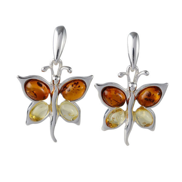 Amber Jewelry - Sterling Silver Baltic Honey and Lemon Amber Butterflies Earrings