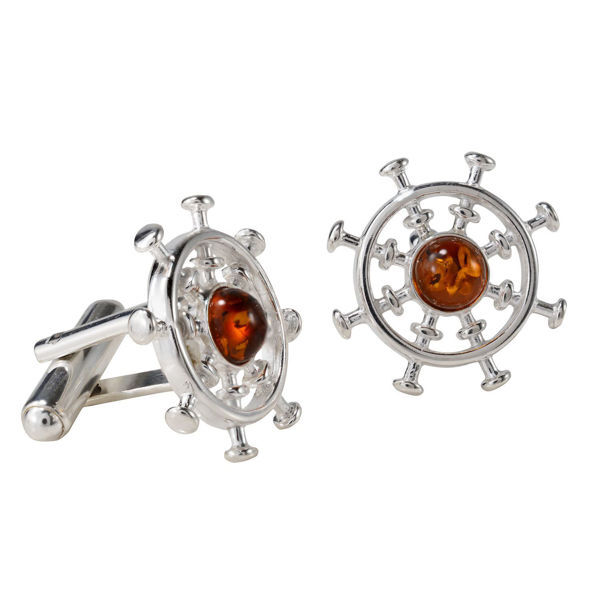 Amber Jewelry - Sterling Silver and Baltic Honey Amber "Ship Steering Wheel" Cufflinks