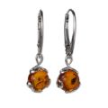 Genuine Baltic honey amber round drop earrings in 925 sterling silver with French leverback closures, natural inclusions, lightweight dangle jewelry for women
