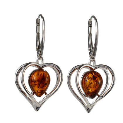 Sterling Silver and Baltic Honey Amber French Leverback Earrings "Hearts"