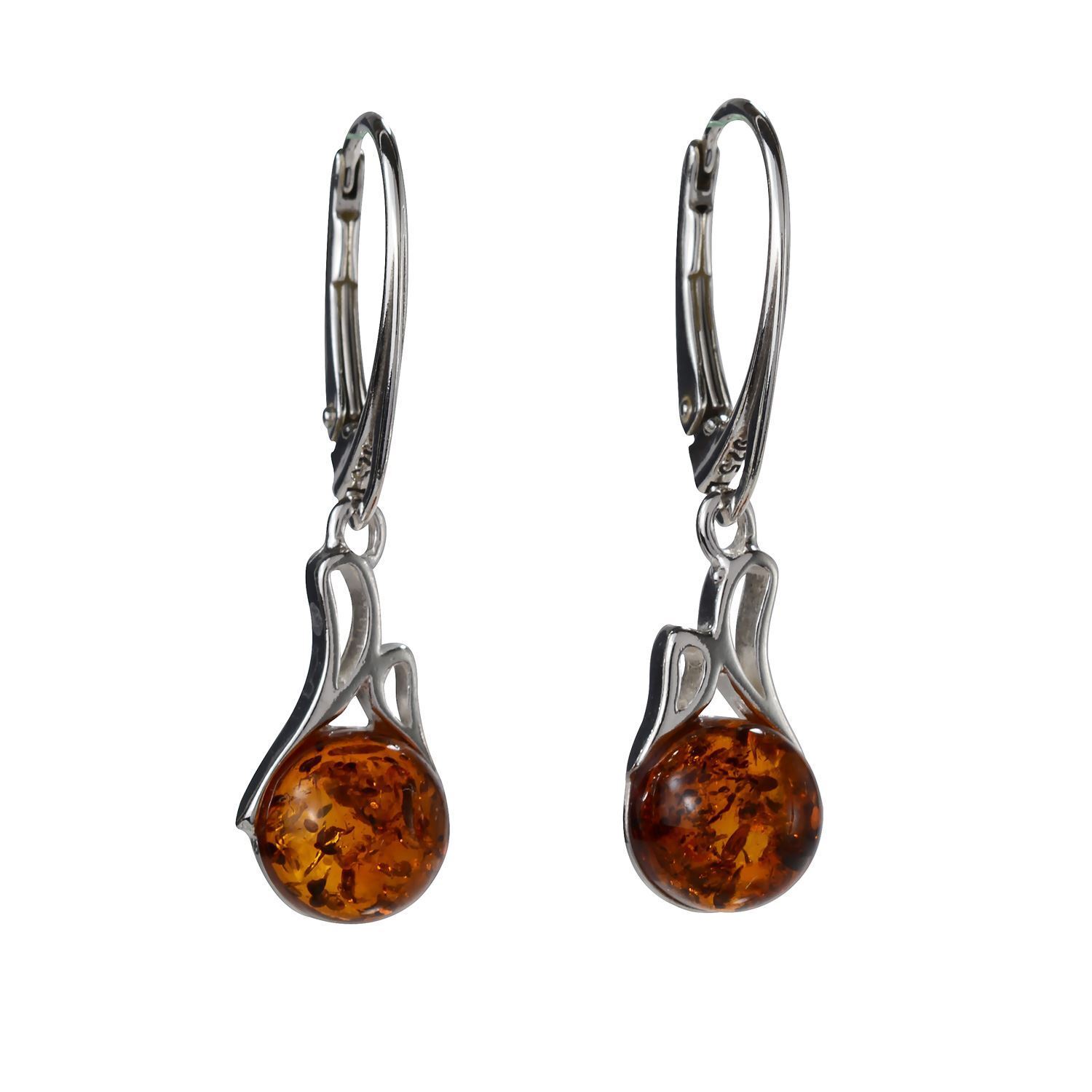Sterling Silver and Baltic Honey Amber Leverback Round Earrings 