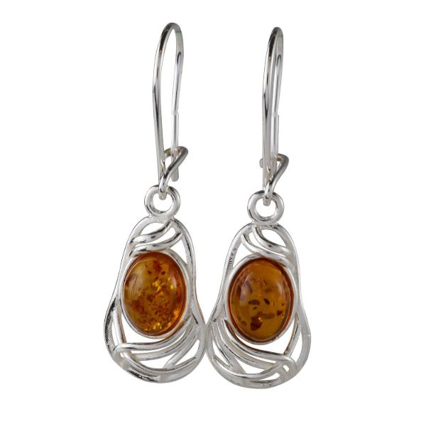 "Mary sterling silver Baltic honey amber drop earrings with oval genuine amber stones in 925 silver openwork setting, handcrafted Polish dangle jewelry"