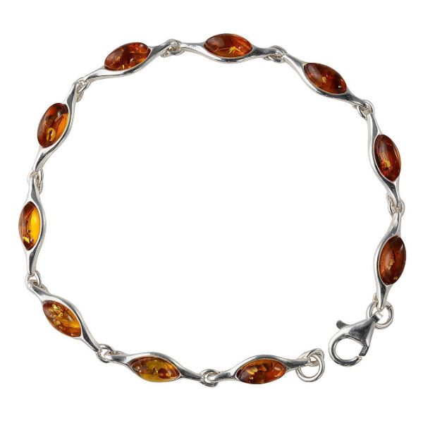 "GIA certified Baltic honey amber link bracelet in 925 sterling silver with cabochon stones and lobster clasp on white background" bracelet