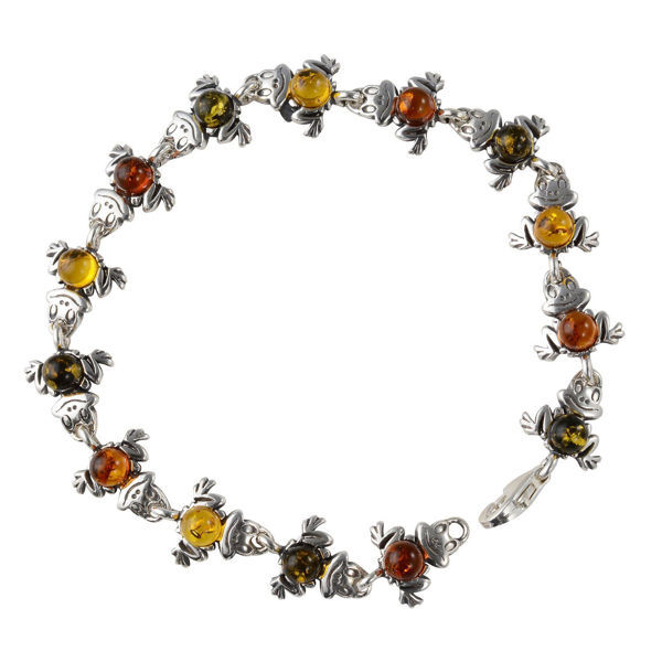 Sterling Silver Multicolored Baltic Amber Bracelet "Frogs", Amber Jewelry Collection