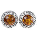 Sterling Silver and Round Baltic Honey Amber Stud Earrings "Ida"