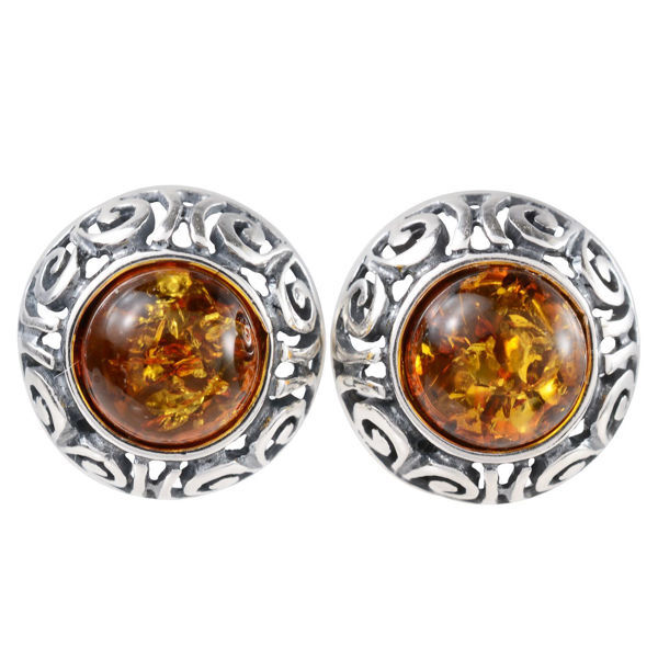 Sterling Silver and Round Baltic Honey Amber Stud Earrings "Ida"