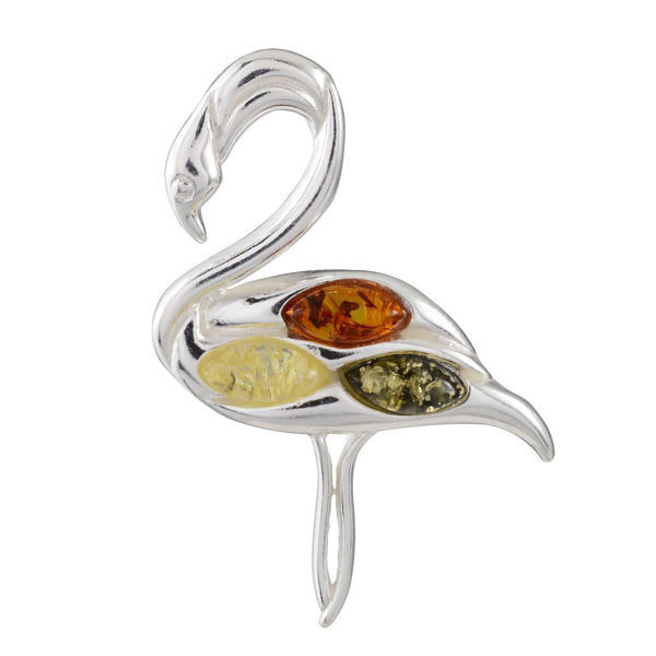Sterling Silver and Baltic Multicolored Amber Flamingo Pendant