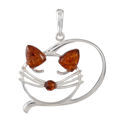 Sterling Silver and Baltic Honey Amber Curled Lucky Cat Pendant Necklace