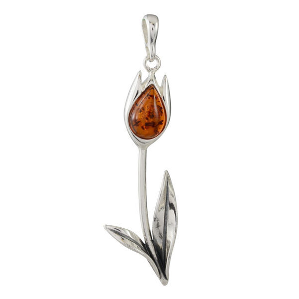 Sterling Silver and Baltic Honey Amber Tulip Pendant (Large)