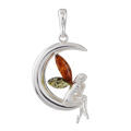 Sterling Silver and Baltic Honey Amber Fairy On The Crescent Moon Pendant