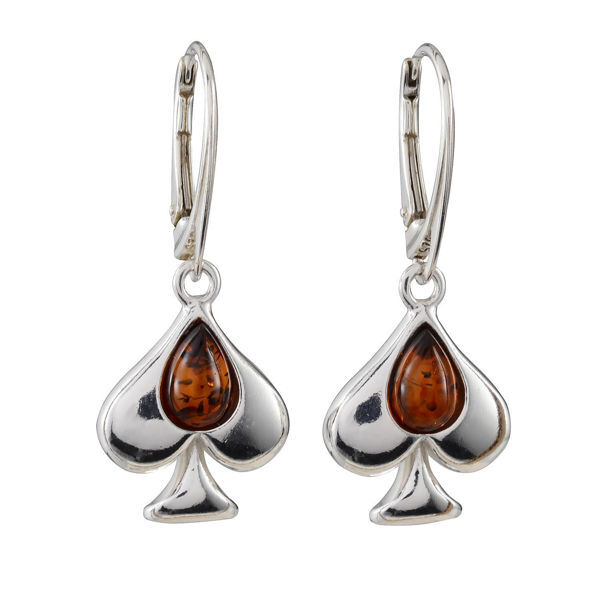 Sterling Silver and Baltic Honey Amber French Leverback Ace Of Spades Earrings