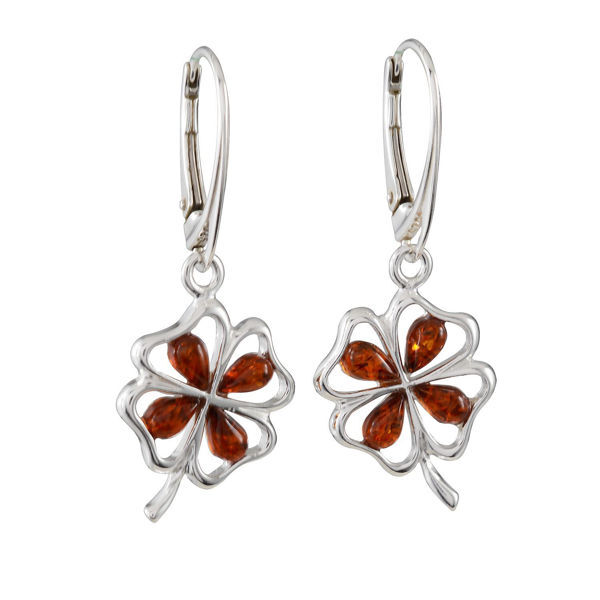 Sterling Silver and Baltic Amber French Leverback Honey Amber Earrings "Shamrock"