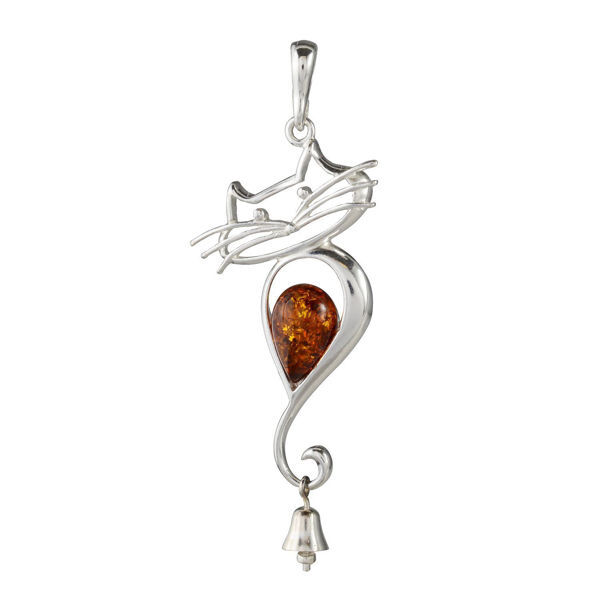 Sterling Silver and Baltic Amber Lucky Cat With Bell Pendant Necklace