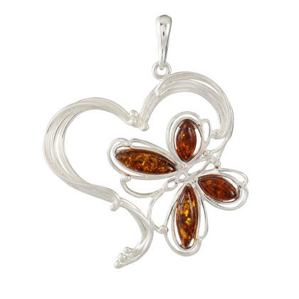 Sterling Silver and Baltic Honey Amber Butterfly Heart Large Pendant