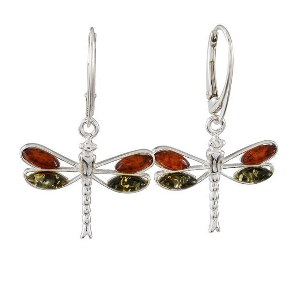 Sterling Silver and Baltic Amber French Leverback Honey and Green Dragonfly Earrings