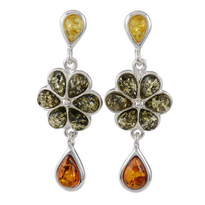 Sterling Silver Multicolored Baltic Amber Post Back  Six Petal Flower Earrings