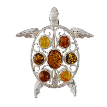 Sterling Silver and Multicolored Baltic Amber Turtle Brooch