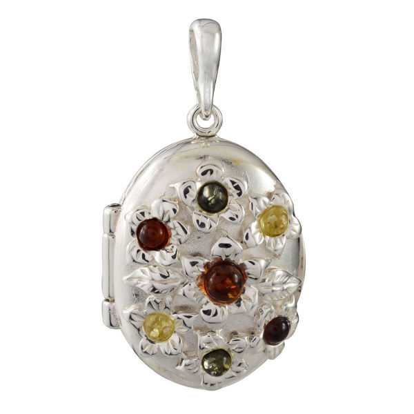 Sterling Silver and Baltic Multicolored Amber Floral Locket Pendant Necklace
