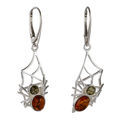 Sterling Silver and Baltic Honey and Green Amber French Leverback Earrings "Spider On The Web"