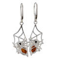 Amber Jewelry - Sterling Silver and Baltic Honey and Green Amber French Leverback Earrings "Spider On The Web"
