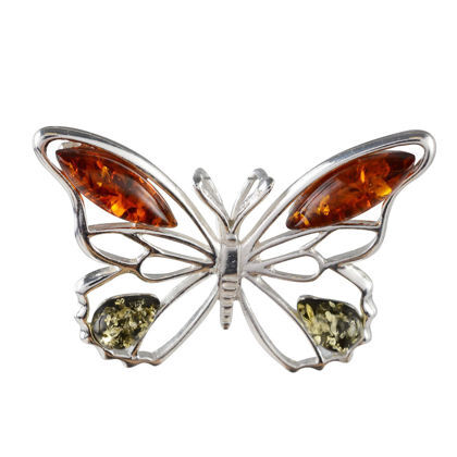 Sterling Silver and Baltic Honey and Green Amber Butterfly Pendant