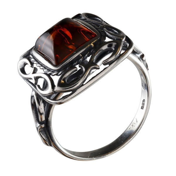 Square Amber Ring, Sterling Silver and Baltic Honey  Amber Square Ring "Ruth"