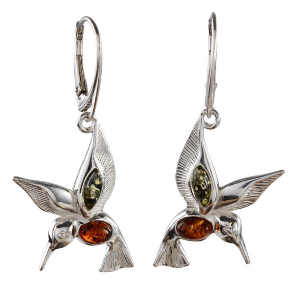 GIA Certified Sterling Silver and Baltic Amber French Leverback Earrings "Hummingbirds"