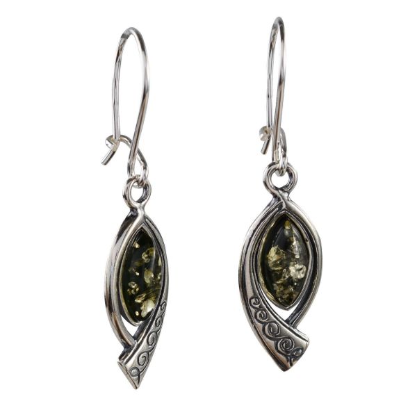 Emma genuine Baltic green amber drop earrings in 925 sterling silver, marquise-shaped openwork setting with leverback hooks, white background