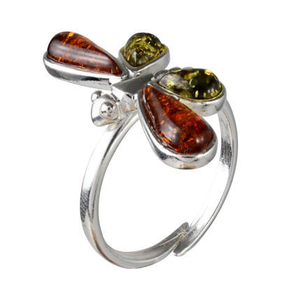 Sterling Silver and Baltic Green and Honey Amber Adjustable Dragonfly Ring