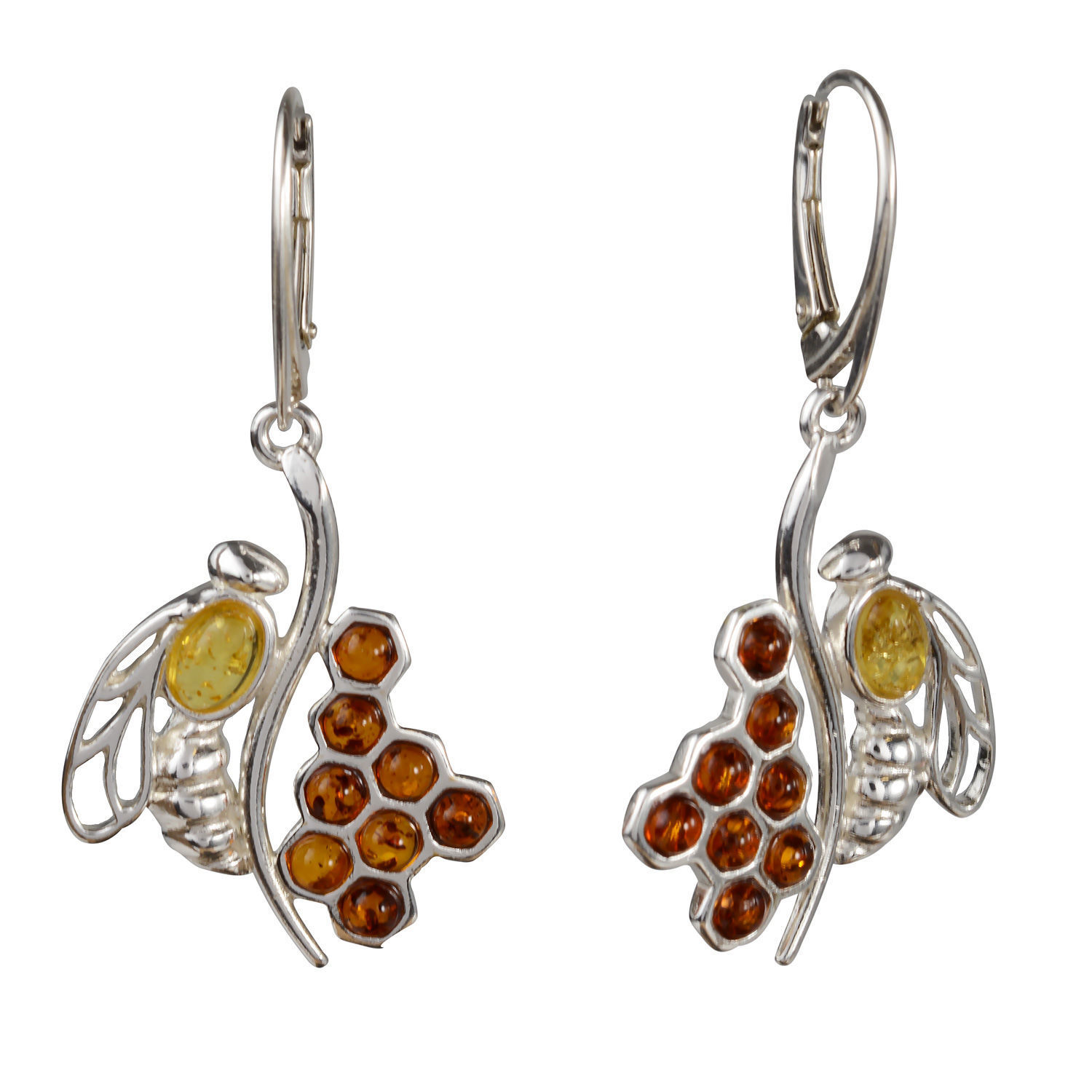Sterling Silver and Baltic Amber French Leverback Honeycomb Bee