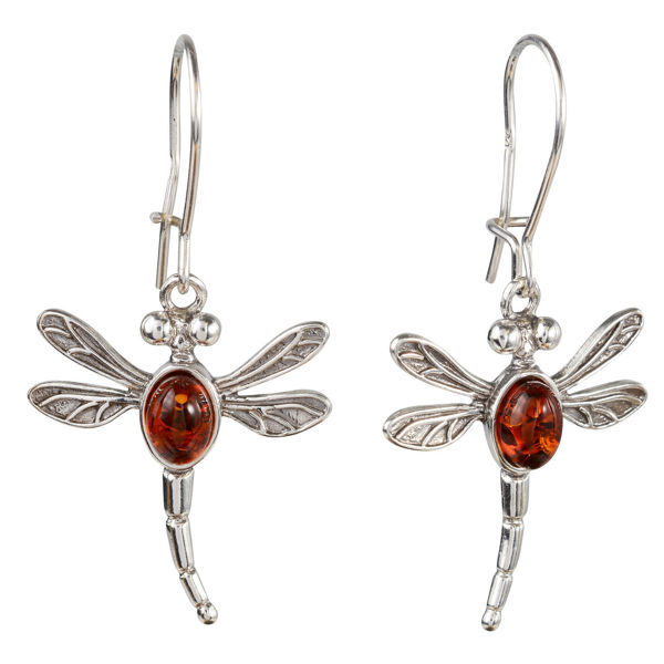 Sterling Silver and Baltic Honey Amber Kidney Hook  Dragonfly Earrings