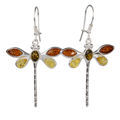 Sterling Silver and Baltic Multicolored Amber Kidney Hook  Dragonfly Earrings
