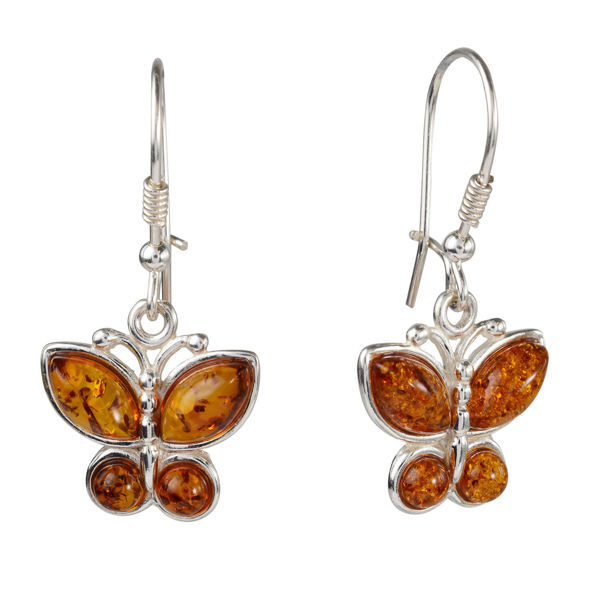 Sterling Silver and Baltic Honey Amber Kidney Hook Butterflies Earrings