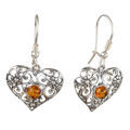 Sterling Silver Lace and Baltic Honey Amber Kidney Hook  Heart Earrings