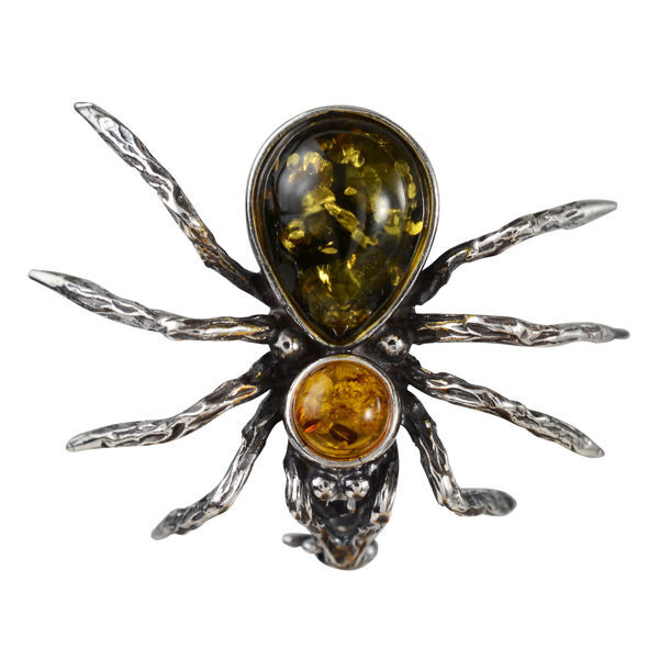 Amber Spider Brooch In Sterling Silver